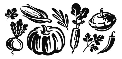 Vegetables set, black and white drawing. Hand drawn organic healthy farm food concept vector illustration