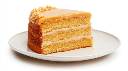 Delicious layered caramel cake slice on white plate - close-up dessert photography
