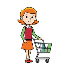 Woman Standing with a Shopping Cart - Grocery Shopping Concept