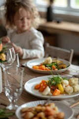 plate of steamed vegetables in front of a child at a minimalist table