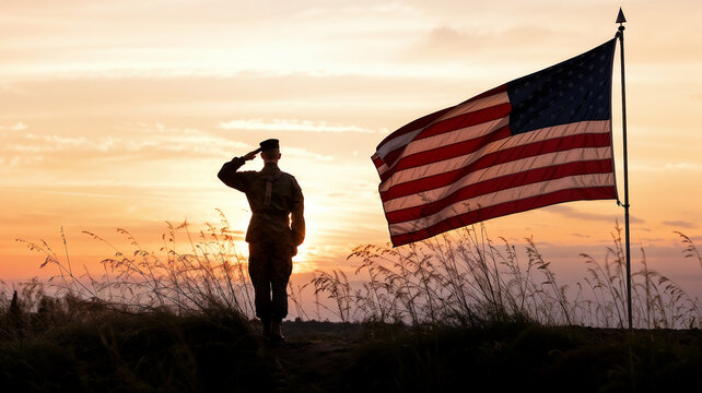 Silhouette of a American soldier in the sunset with American flag