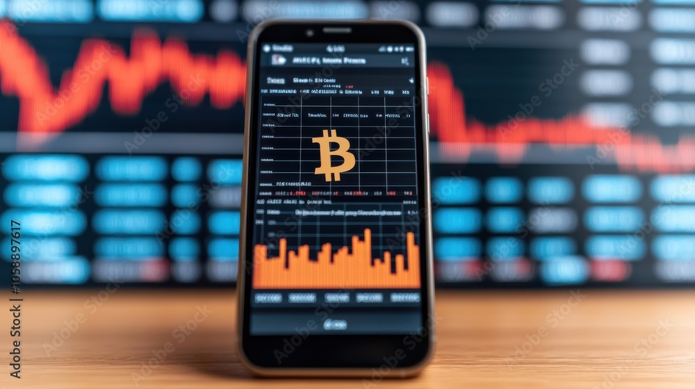 Poster close-up of smartphone displaying cryptocurrency data