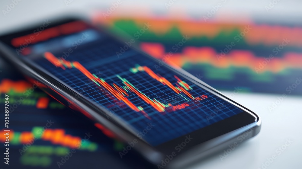 Poster close up of smartphone screen showing bitcoin graph