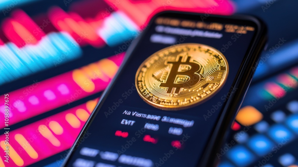 Poster close-up of smartphone displaying bitcoin on screen