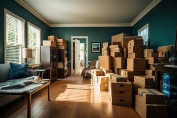 A cluttered living room filled with stacked cardboard boxes, suggesting a recent move or unpacking process, Ideal for articles on relocation, home organization, or DIY projects,