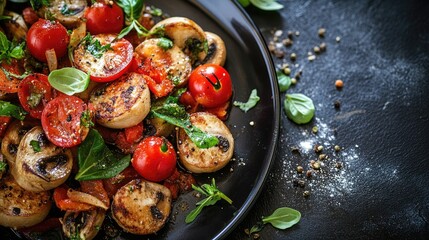 Vegetarian gourmet temptations captured in a high close-up style with vignetting focus, emphasizing the rich colors and textures of delicious vegetarian dishes with ample copy space.