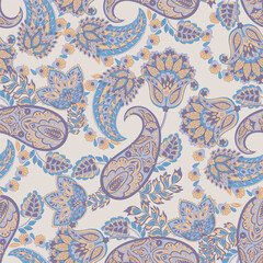 Hand drawn floral paisley seamless vector pattern. Batik style fabric