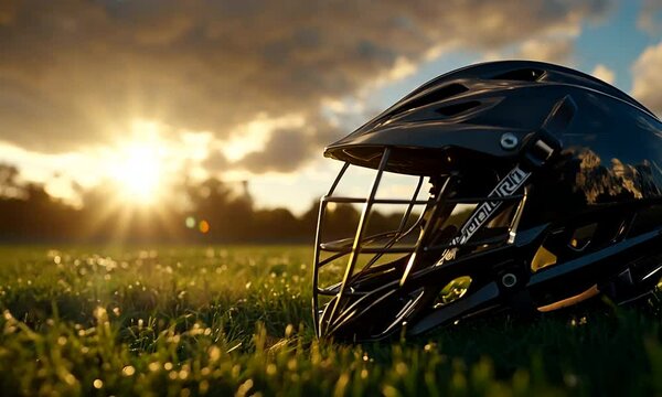 A lacrosse helmet rests on grass with a sunset backdrop.