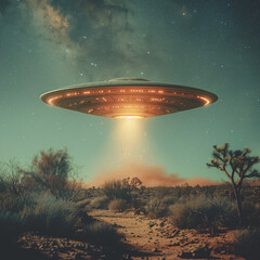 Obraz premium UFO hovering over desert landscape with glowing beam at night