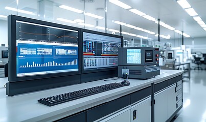 A modern laboratory workspace featuring advanced monitors, instruments, and a clean, organized environment conducive to technological analysis.