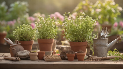 Fototapeta premium A table setup with gardening tools, seed packets, and budding plants. 