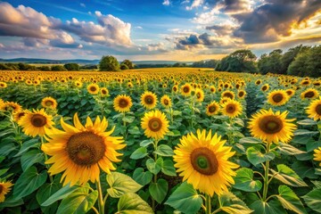 Obraz premium Vibrant Sunflowers in Blooming Summer Garden - Aerial Drone Photography of Colorful Floral Paradise with Lush Green Leaves, Nature's Beauty, and Summer Vibes