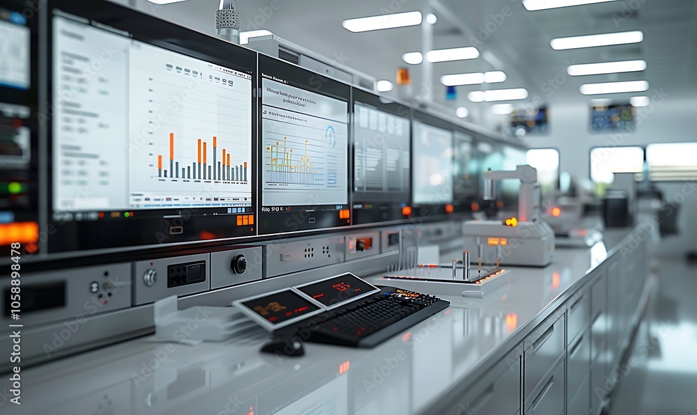 Fototapete Modern workspace featuring multiple monitors displaying data analytics and graphs, highlighting a tech-savvy environment for analysis and decision-making.
