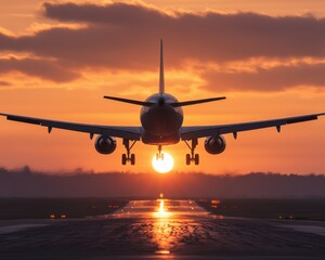 Plane Taking Off at Sunset with Radiant Sun Behind