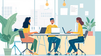 Smart business people working together with a laptop while talking in a coworking space.