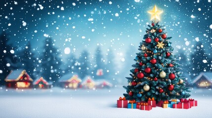 Naklejka premium A beautifully decorated Christmas tree stands in the snow, surrounded by gifts, with a snowy landscape and festive homes in the background.