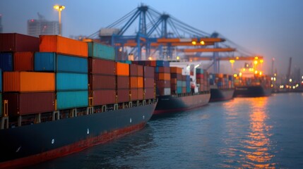 Naklejka premium Containers at Night in Busy Port