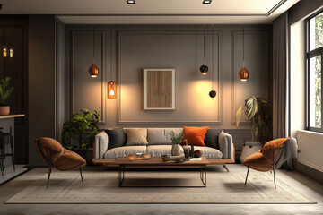 The modern living room is decorated with traditional lamps and elements