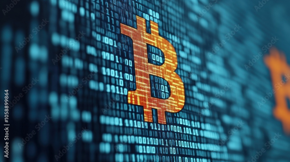 Poster digital bitcoin on binary background