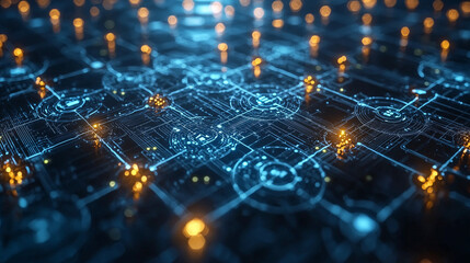 Obraz premium The Digital Network: A mesmerizing abstract image of a futuristic circuit board, with glowing lights illuminating a complex web of interconnected nodes.