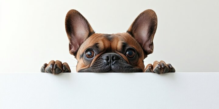 Charming French Bulldog gazes curiously over a white wall, showcasing its adorable features and playful demeanor. This cute dog captures attention effortlessly.