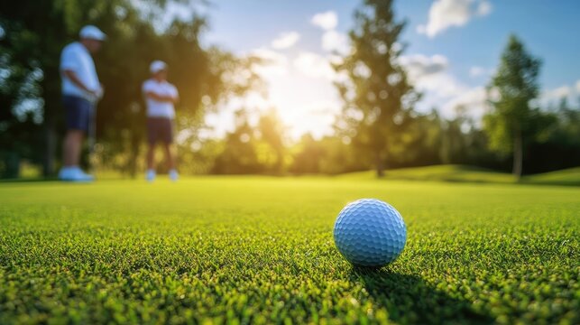 Novice golfers practicing their swings at a golf school, demonstrating various techniques and styles of play, with ample space for text or design elements.