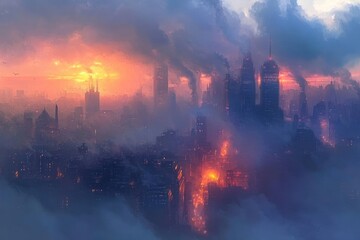 Obraz premium A Futuristic Cityscape at Sunset with Fog and Smoke