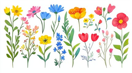 Obraz premium A Vibrant Set of Decorative Wildflowers Painted in Watercolor Style