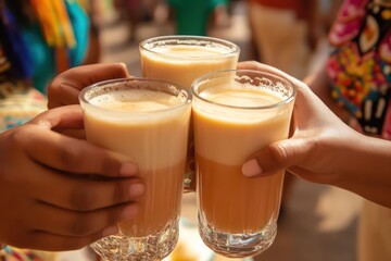 People clinking glasses of traditional Mexican pulque. 