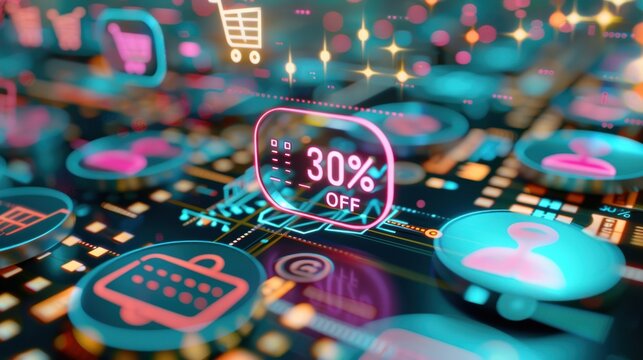 Black Friday, Cyber Monday, digital sale, discount icons, shopping cart, 30 percent off, online promotion, e-commerce concept