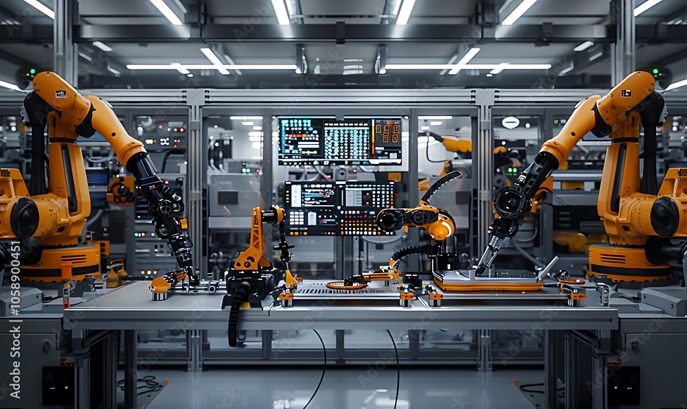 Poster a high-tech manufacturing facility featuring robotic arms performing precise tasks under bright arti