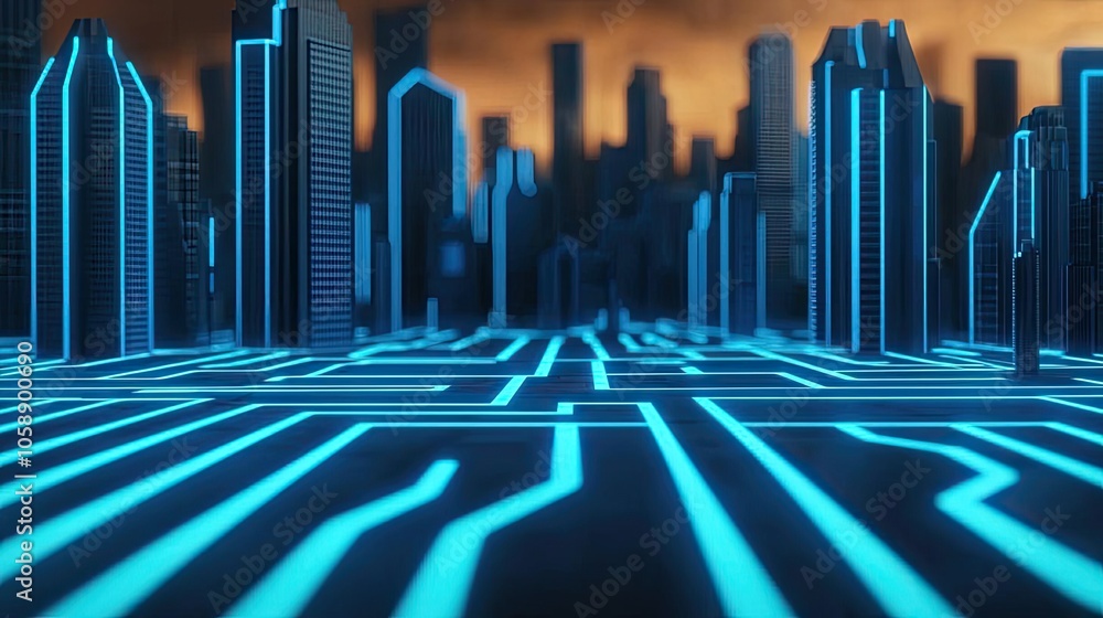 Poster futuristic cityscape with glowing circuit lines on the ground, cyberpunk aesthetic.