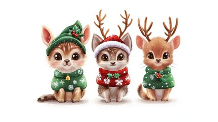 Fototapeta premium Adorable Baby Animals in Festive Christmas Outfits