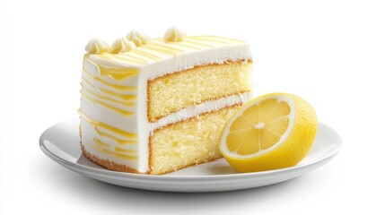Slice of lemon cake with lemon wedge on white plate