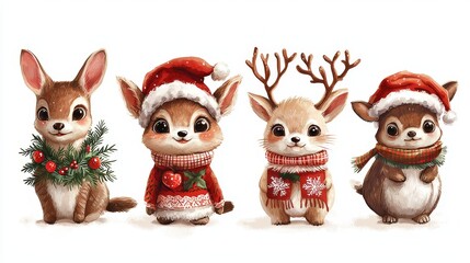 Fototapeta premium Adorable Baby Animals in Festive Holiday Outfits with Antlers