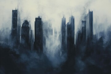A City Skyline Obscured by Fog and Mist