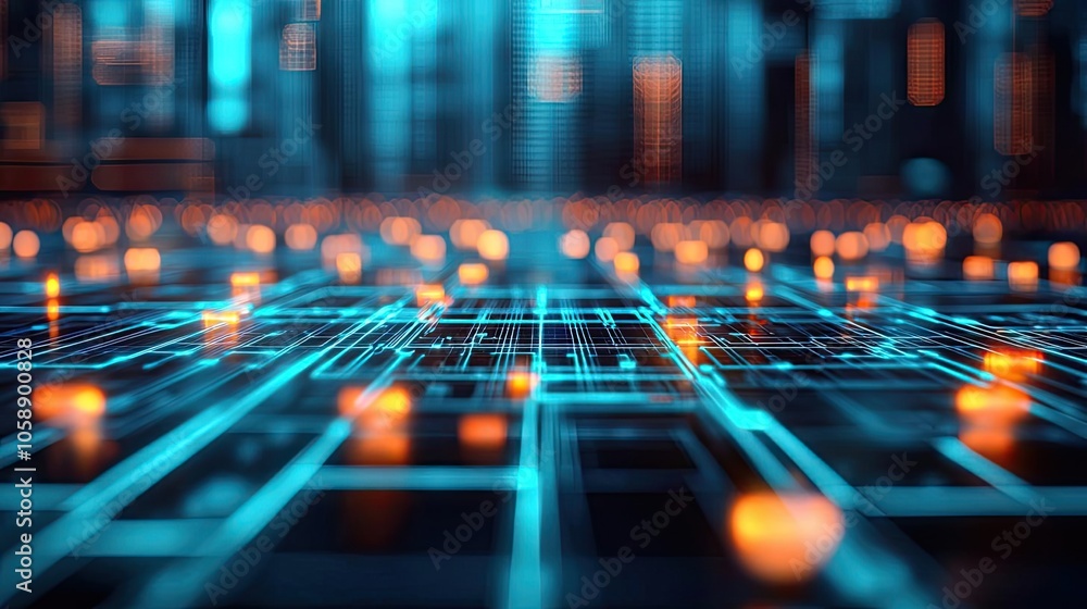 Poster Abstract technology background with glowing lights and grid pattern.