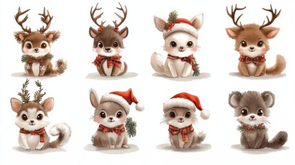 Fototapeta premium Adorable Baby Deer Animals Dressed in Christmas Outfits