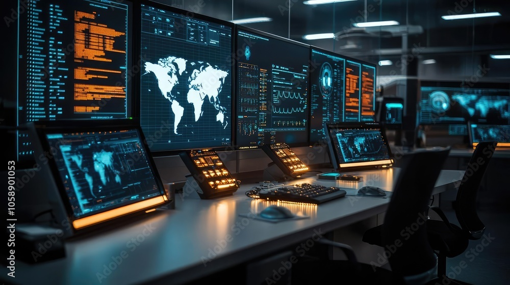 Aufkleber High-tech control room with multiple screens displaying data and a world map.