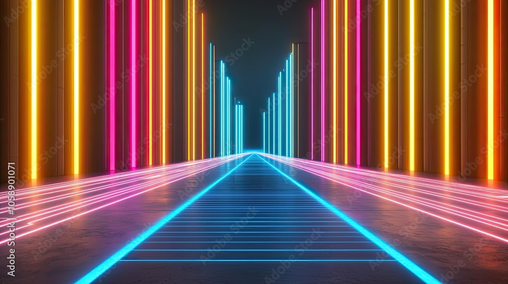 Poster bright neon tunnel with colorful lights and glowing lines, creating a vibrant atmosphere.