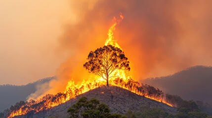 Fototapeta premium Resilient Tree Amidst Forest Fire Blaze and Smoke at Sunset