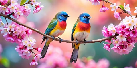 Fototapeta premium Watercolor Birds on Branch with Blossom Flower â€“ Cute Macro Photography of Sakura and Birds for Nature Lovers and Home Decor