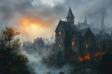 A Mystical Village Bathed in Twilight Fog with a Warm Sunset Glow
