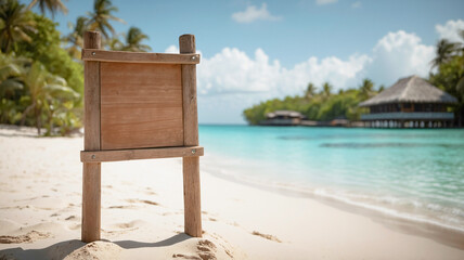 Wooden sign on tropical beach pointing direction to the sea. Empty blank wooden sign for summer trip advertisement. Summer vacation, hello summer