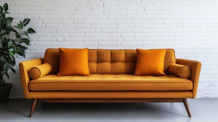 Mid-Century Modern sofa styled elegantly against a white brick wall, the photo captures the essence of mid-century modern design with ample space for creative use.