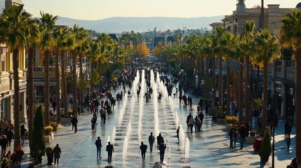 Obraz premium Outdoor shopping center with palm trees, shops, and a sunny ambiance, creating a warm, inviting retail environment for visitors.