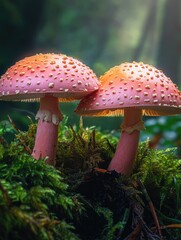Pink Mushrooms in Lush Green Forest
