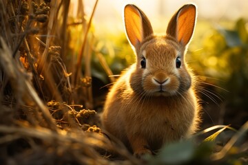 Fototapeta premium A cute rabbit peeks through golden-hued grass in a tranquil setting, ideal for nature-themed projects, children's books, or pet care marketing, Its gentle expression evokes warmth and joy,