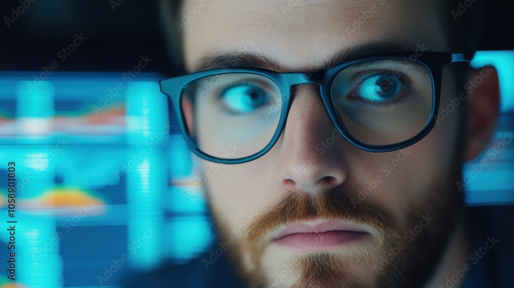 Poster focused finance manager analyzing data charts