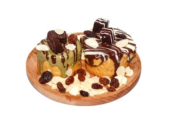 Isolation photos of bakery cakes,bakery chocolate,green tea sauce.
